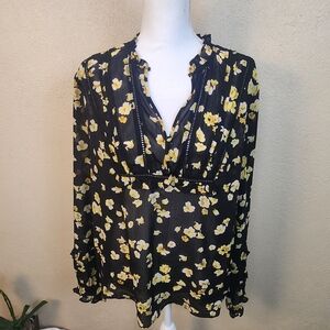Buffalo David Bitton Black and Yellow Floral Blouse Medium (5884)